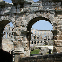 Detailed view of the masonry of the amphitheatre of Pula (Istria).
