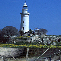 Lighthouse behind of the amphitheatre of Paphos (Cyprus).