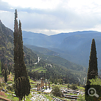 Delphi is at the foot of Parnassus, overlooking the valley of the River Pleistos.