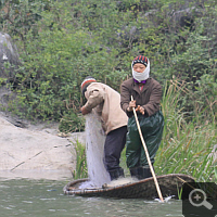 Illegal fishing with drift nets in Van Long Nature Reserve.